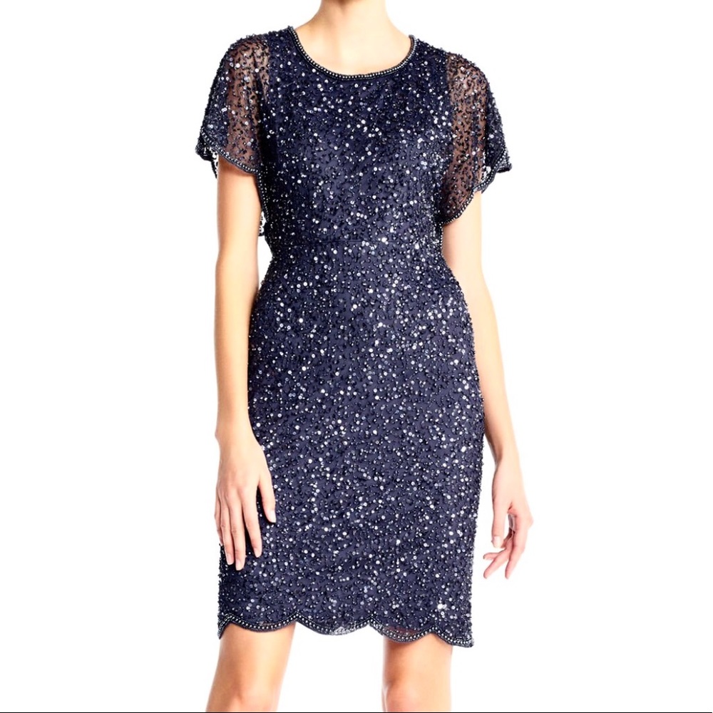 Adrianna Papell Navy Beaded Sequin Dress Size 2